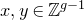 x comma y element of double struck upper Z Superscript g minus 1