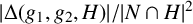 StartAbsoluteValue normal upper Delta left parenthesis g 1 comma g 2 comma upper H right parenthesis EndAbsoluteValue divided by StartAbsoluteValue upper N intersection upper H EndAbsoluteValue squared