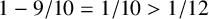 1 minus 9 divided by 10 equals 1 divided by 10 greater than 1 divided by 12