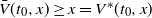 ModifyingAbove upper V With bar left parenthesis t 0 comma x right parenthesis greater than or equals x equals upper V Superscript asterisk Baseline left parenthesis t 0 comma x right parenthesis