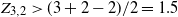 upper Z Subscript 3 comma 2 Baseline greater than left parenthesis 3 plus 2 minus 2 right parenthesis divided by 2 equals 1.5