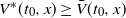 upper V Superscript asterisk Baseline left parenthesis t 0 comma x right parenthesis greater than or equals ModifyingAbove upper V With bar left parenthesis t 0 comma x right parenthesis