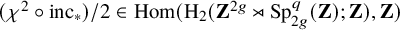 left parenthesis chi squared ring inc Subscript asterisk Baseline right parenthesis divided by 2 element of hom left parenthesis normal upper H 2 left parenthesis bold upper Z Superscript 2 g Baseline right normal factor semidirect product upper S p Subscript 2 g Superscript q Baseline left parenthesis bold upper Z right parenthesis semicolon bold upper Z right parenthesis comma bold upper Z right parenthesis
