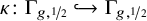 kappa colon normal upper Gamma Subscript g comma one half Baseline right arrow with hook normal upper Gamma Subscript g comma one half Baseline
