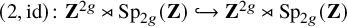 left parenthesis 2 comma id right parenthesis colon bold upper Z Superscript 2 g Baseline right normal factor semidirect product upper S p Subscript 2 g Baseline left parenthesis bold upper Z right parenthesis right arrow with hook bold upper Z Superscript 2 g Baseline right normal factor semidirect product upper S p Subscript 2 g Baseline left parenthesis bold upper Z right parenthesis