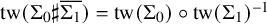 tw left parenthesis normal upper Sigma 0 normal sharp normal upper Sigma 1 overbar right parenthesis equals tw left parenthesis normal upper Sigma 0 right parenthesis ring tw left parenthesis normal upper Sigma 1 right parenthesis Superscript negative 1