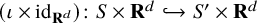 left parenthesis iota times id Subscript bold upper R Sub Superscript d Subscript Baseline right parenthesis colon upper S times bold upper R Superscript d Baseline right arrow with hook upper S prime times bold upper R Superscript d