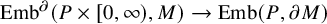 upper E m b Superscript partial differential Baseline left parenthesis upper P times left bracket 0 comma infinity right parenthesis comma upper M right parenthesis right arrow upper E m b left parenthesis upper P comma partial differential upper M right parenthesis