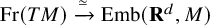 upper F r left parenthesis upper T upper M right parenthesis ModifyingAbove right arrow With asymptotically equals upper E m b left parenthesis bold upper R Superscript d Baseline comma upper M right parenthesis
