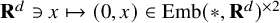 bold upper R Superscript d Baseline contains as member x right arrow from bar left parenthesis 0 comma x right parenthesis element of upper E m b left parenthesis asterisk comma bold upper R Superscript d Baseline right parenthesis Superscript times 2