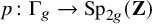 p colon normal upper Gamma Subscript g Baseline right arrow upper S p Subscript 2 g Baseline left parenthesis bold upper Z right parenthesis