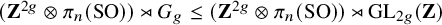left parenthesis bold upper Z Superscript 2 g Baseline circled times pi Subscript n Baseline left parenthesis upper S upper O right parenthesis right parenthesis right normal factor semidirect product upper G Subscript g Baseline less than or equals left parenthesis bold upper Z Superscript 2 g Baseline circled times pi Subscript n Baseline left parenthesis upper S upper O right parenthesis right parenthesis right normal factor semidirect product upper G upper L Subscript 2 g Baseline left parenthesis bold upper Z right parenthesis