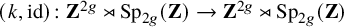 left parenthesis k comma id right parenthesis colon bold upper Z Superscript 2 g Baseline right normal factor semidirect product upper S p Subscript 2 g Baseline left parenthesis bold upper Z right parenthesis right arrow bold upper Z Superscript 2 g Baseline right normal factor semidirect product upper S p Subscript 2 g Baseline left parenthesis bold upper Z right parenthesis