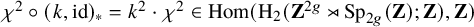 chi squared ring left parenthesis k comma id right parenthesis Subscript asterisk Baseline equals k squared dot chi squared element of hom left parenthesis normal upper H 2 left parenthesis bold upper Z Superscript 2 g Baseline right normal factor semidirect product upper S p Subscript 2 g Baseline left parenthesis bold upper Z right parenthesis semicolon bold upper Z right parenthesis comma bold upper Z right parenthesis