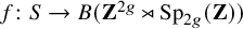 f colon upper S right arrow upper B left parenthesis bold upper Z Superscript 2 g Baseline right normal factor semidirect product upper S p Subscript 2 g Baseline left parenthesis bold upper Z right parenthesis right parenthesis