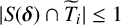StartAbsoluteValue upper S left parenthesis bold italic delta right parenthesis intersection upper T overtilde Subscript i Baseline EndAbsoluteValue less than or equals 1