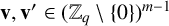 bold v comma bold v prime element of left parenthesis double struck upper Z Subscript q Baseline minus StartSet 0 EndSet right parenthesis Superscript m minus 1