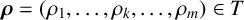 bold italic rho equals left parenthesis rho 1 comma ellipsis comma rho Subscript k Baseline comma ellipsis comma rho Subscript m Baseline right parenthesis element of upper T