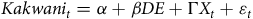 upper K a k w a n i Subscript t Baseline equals alpha plus beta upper D upper E plus normal upper Gamma upper X Subscript t Baseline plus epsilon Subscript t