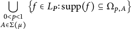 union Underscript StartLayout 1st Row  0 less than p less than 1 2nd Row  upper A element of normal upper Sigma left parenthesis mu right parenthesis EndLayout Endscripts StartSet f element of upper L Subscript bold italic upper P Baseline colon supp left parenthesis f right parenthesis subset of or equal to normal upper Omega Subscript p comma upper A Baseline EndSet