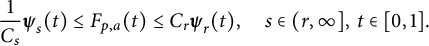 StartLayout 1st Row  StartFraction 1 Over upper C Subscript s Baseline EndFraction bold italic psi Subscript s Baseline left parenthesis t right parenthesis less than or equals upper F Subscript p comma a Baseline left parenthesis t right parenthesis less than or equals upper C Subscript r Baseline bold italic psi Subscript r Baseline left parenthesis t right parenthesis comma s element of left parenthesis r comma infinity right bracket comma t element of left bracket 0 comma 1 right bracket period EndLayout