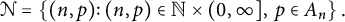 script upper N equals left brace left parenthesis n comma p right parenthesis colon left parenthesis n comma p right parenthesis element of double struck upper N times left parenthesis 0 comma infinity right bracket comma p element of upper A Subscript n Baseline right brace period