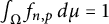 integral Underscript normal upper Omega Endscripts f Subscript n comma p Baseline d mu equals 1