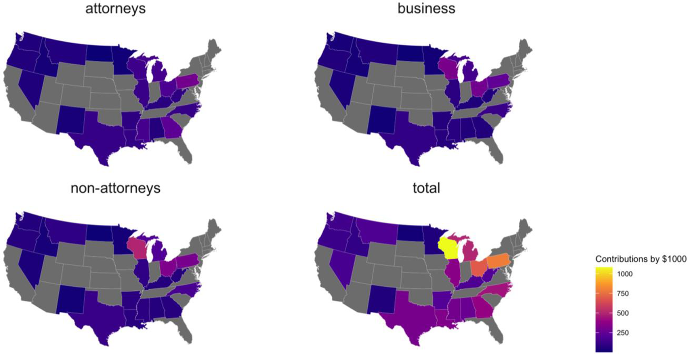 A four-panel choropleth map grid compares donation amounts by attorneys, business, non-attorneys, and total, with highest contributions concentrated in the Midwest and Northeast. See long description.