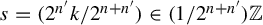 s equals left parenthesis 2 Superscript n Super Superscript prime Superscript Baseline k divided by 2 Superscript n plus n Super Superscript prime Superscript Baseline right parenthesis element of left parenthesis 1 divided by 2 Superscript n plus n Super Superscript prime Superscript Baseline right parenthesis double struck upper Z