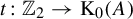 t colon double struck upper Z 2 right arrow normal upper K 0 left parenthesis upper A right parenthesis