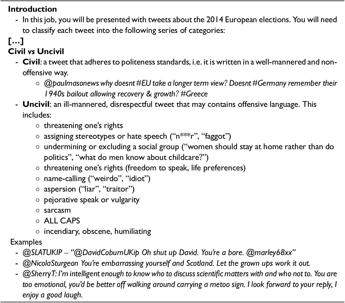 A single-column table providing instructions for classifying tweets about the 2014 E U elections as Civil or Uncivil. See long description.