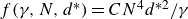 f left parenthesis gamma comma upper N comma d Superscript asterisk Baseline right parenthesis equals upper C upper N Superscript 4 Baseline d Superscript asterisk 2 Baseline divided by gamma