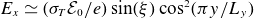 upper E Subscript x Baseline asymptotically equals left parenthesis sigma Subscript upper T Baseline script upper E 0 divided by e right parenthesis sine left parenthesis xi right parenthesis cosine squared left parenthesis pi y divided by upper L Subscript y Baseline right parenthesis