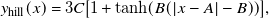 y Subscript hill Baseline left parenthesis x right parenthesis equals 3 upper C left bracket 1 plus hyperbolic tangent left parenthesis upper B left parenthesis StartAbsoluteValue x minus upper A EndAbsoluteValue minus upper B right parenthesis right parenthesis right bracket comma
