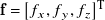bold f equals left bracket f Subscript x Baseline comma f Subscript y Baseline comma f Subscript z Baseline right bracket Superscript upper T