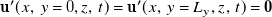 bold u prime left parenthesis x comma y equals 0 comma z comma t right parenthesis equals bold u prime left parenthesis x comma y equals upper L Subscript y Baseline comma z comma t right parenthesis equals bold 0