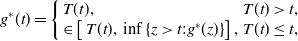 g Superscript asterisk Baseline left parenthesis t right parenthesis equals StartLayout Enlarged left brace 1st Row 1st Column upper T left parenthesis t right parenthesis comma 2nd Column upper T left parenthesis t right parenthesis greater than t comma 2nd Row 1st Column element of left bracket upper T left parenthesis t right parenthesis comma inf left brace z greater than t colon g Superscript asterisk Baseline left parenthesis z right parenthesis right brace right bracket comma 2nd Column upper T left parenthesis t right parenthesis less than or equals t comma EndLayout