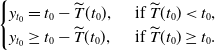 StartLayout Enlarged left brace 1st Row 1st Column y Subscript t 0 Baseline equals t 0 minus ModifyingAbove upper T With tilde left parenthesis t 0 right parenthesis comma 2nd Column if ModifyingAbove upper T With tilde left parenthesis t 0 right parenthesis less than t 0 comma 2nd Row 1st Column y Subscript t 0 Baseline greater than or equals t 0 minus ModifyingAbove upper T With tilde left parenthesis t 0 right parenthesis comma 2nd Column if ModifyingAbove upper T With tilde left parenthesis t 0 right parenthesis greater than or equals t 0 period EndLayout