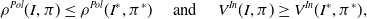 rho Superscript upper P o l Baseline left parenthesis upper I comma pi right parenthesis less than or equals rho Superscript upper P o l Baseline left parenthesis upper I Superscript asterisk Baseline comma pi Superscript asterisk Baseline right parenthesis and upper V Superscript upper I n Baseline left parenthesis upper I comma pi right parenthesis greater than or equals upper V Superscript upper I n Baseline left parenthesis upper I Superscript asterisk Baseline comma pi Superscript asterisk Baseline right parenthesis comma