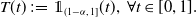 upper T left parenthesis t right parenthesis colon equals double struck 1 Subscript left parenthesis 1 minus alpha comma 1 right bracket Baseline left parenthesis t right parenthesis comma for all t element of left bracket 0 comma 1 right bracket period