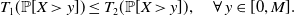 upper T 1 left parenthesis double struck upper P left bracket upper X greater than y right bracket right parenthesis less than or equals upper T 2 left parenthesis double struck upper P left bracket upper X greater than y right bracket right parenthesis comma for all y element of left bracket 0 comma upper M right bracket period