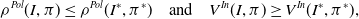 rho Superscript upper P o l Baseline left parenthesis upper I comma pi right parenthesis less than or equals rho Superscript upper P o l Baseline left parenthesis upper I Superscript asterisk Baseline comma pi Superscript asterisk Baseline right parenthesis and upper V Superscript upper I n Baseline left parenthesis upper I comma pi right parenthesis greater than or equals upper V Superscript upper I n Baseline left parenthesis upper I Superscript asterisk Baseline comma pi Superscript asterisk Baseline right parenthesis comma
