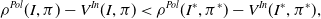 rho Superscript upper P o l Baseline left parenthesis upper I comma pi right parenthesis minus upper V Superscript upper I n Baseline left parenthesis upper I comma pi right parenthesis less than rho Superscript upper P o l Baseline left parenthesis upper I Superscript asterisk Baseline comma pi Superscript asterisk Baseline right parenthesis minus upper V Superscript upper I n Baseline left parenthesis upper I Superscript asterisk Baseline comma pi Superscript asterisk Baseline right parenthesis comma