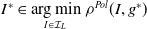 upper I Superscript asterisk Baseline element of arg min Underscript upper I element of script upper I Subscript upper L Baseline Endscripts rho Superscript upper P o l Baseline left parenthesis upper I comma g Superscript asterisk Baseline right parenthesis