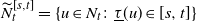 upper N overtilde Subscript t Superscript left bracket s comma t right bracket Baseline equals StartSet u element of upper N Subscript t Baseline colon ModifyingBelow tau With bar left parenthesis u right parenthesis element of left bracket s comma t right bracket EndSet