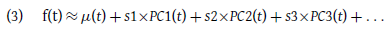 An equation representing a function f of t approximated by a mean and principal components.