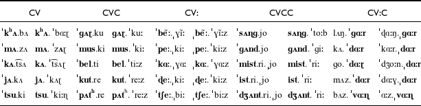 Table comparing tokens with different stress positions in syllables.