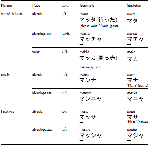 A table comparing phonetically balanced nonsense and real words in Japanese orthography, showing Roman transliteration and katakana syllabary.