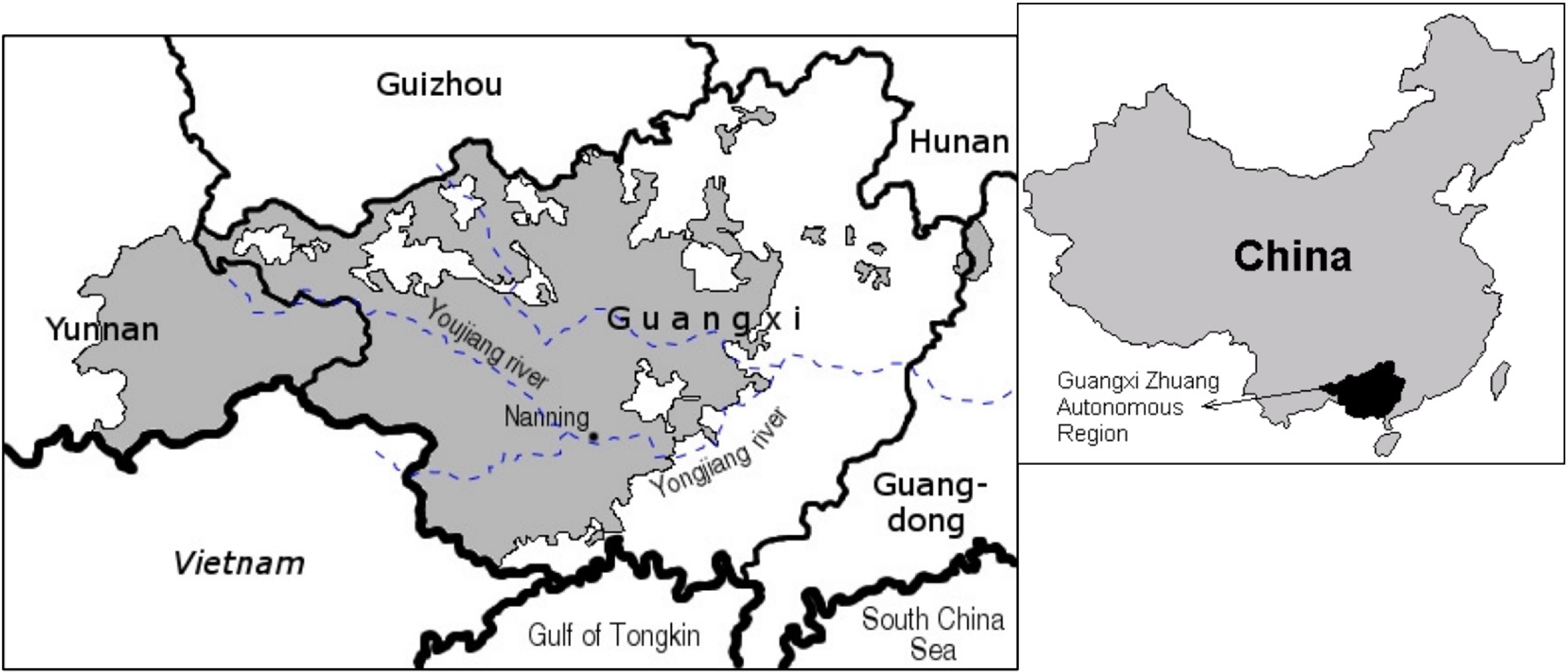 A map of Guangxi Zhuang Autonomous Region in China, highlighting rivers and neighboring regions.