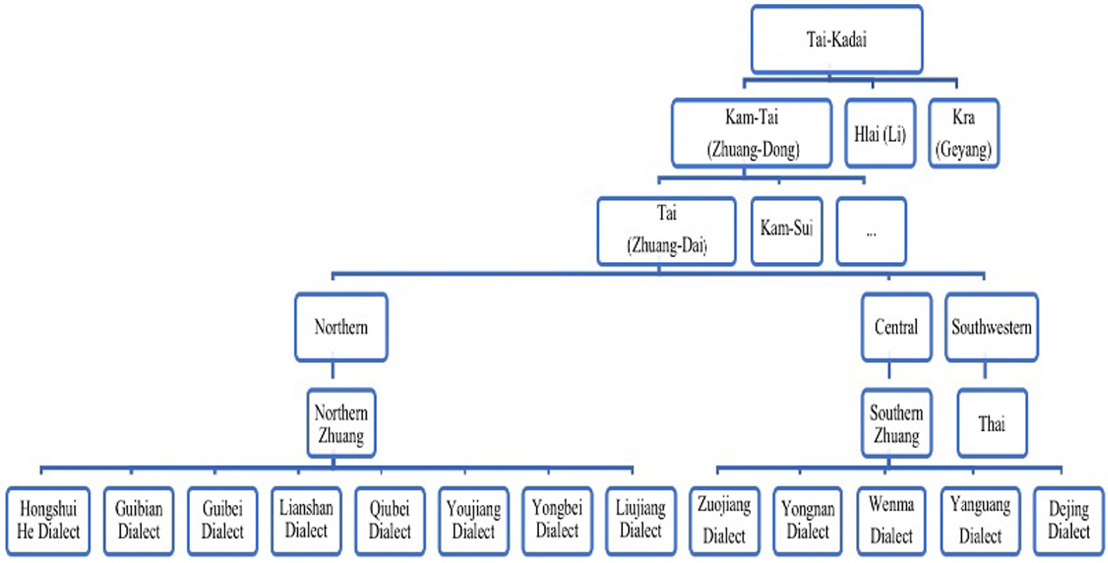A diagram illustrating the language genealogy of Zhuang within the Tai-Kadai language family.